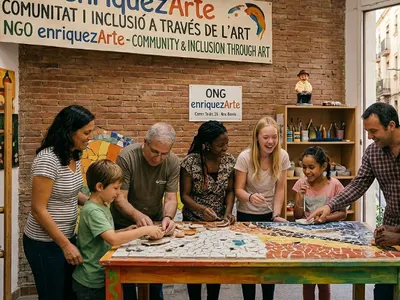 Jeunes et adultes réunis autour d’un atelier de mosaïque chez enriquezArte à Barcelone
