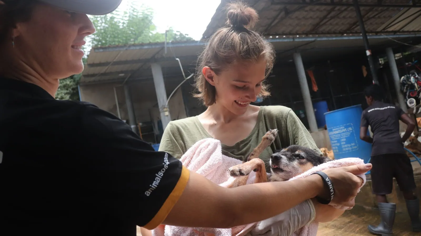 Smiling volunteer holding a small dog wrapped in a towel at an animal shelter